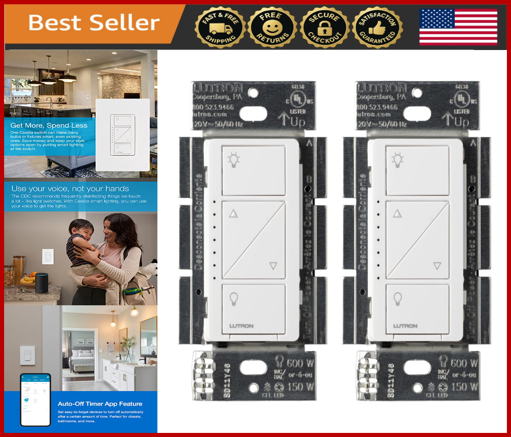 Smart Dimmer Switch 2-Pack No Neutral Single or 3-Way 150W Requires Hub