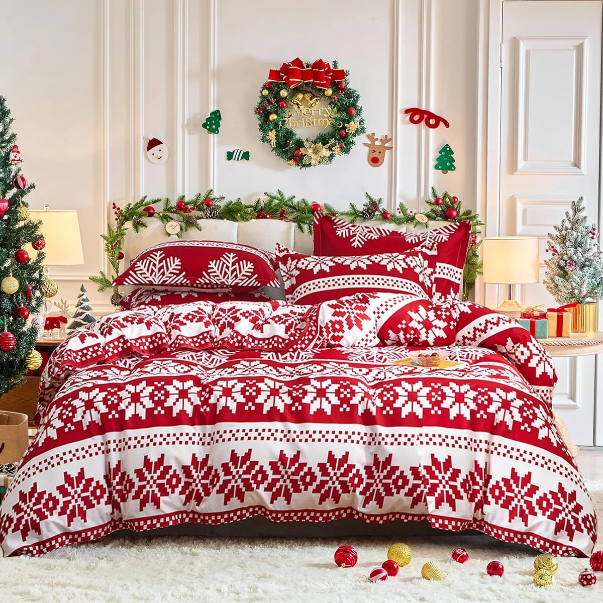 Fusion - Funda nórdica navideña con muñeco de nieve - 230 x 220 cm - Reversible - 2 fundas de almohada - Funda nórdica con copo de nieve - Ropa de cama