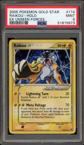 Pokemon Raikou Gold Star Holo Unseen Forces 114/115 PSA 9 Mint