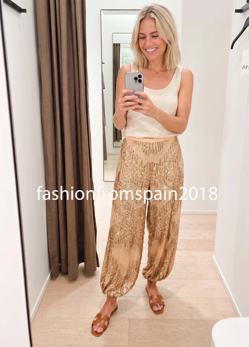 ZARA NEW WOMAN MID-RISE BEADED SEQUIN BALLOON PANTS ORANGE S-XL
