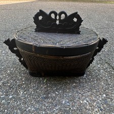 Antique Chinese Wood Basket Brown Black with Lid and Ornate Handles