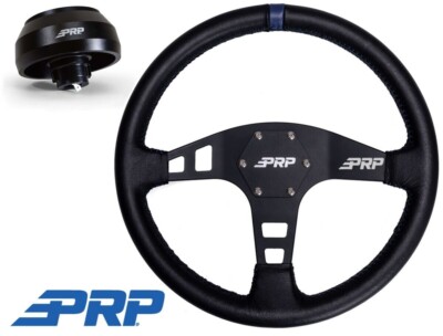 PRP Flat Leather Steering Wheel Blue Stripe/Universal Weld On Quick Release