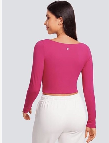 CRZ Yoga Women’s Butterluxe Double Lined Long Sleeve Crop Top Shirt Pink Medium - Picture 2 of 3