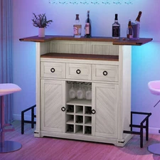 Farmhouse Bar Cabinet with Glasses Holder Liquor Bar Wine Storage Table with LED