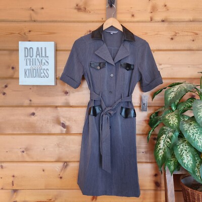 Sharagano NWT Button Down Notch Collar Belted Shirt Dress Charcoal Black Size 4