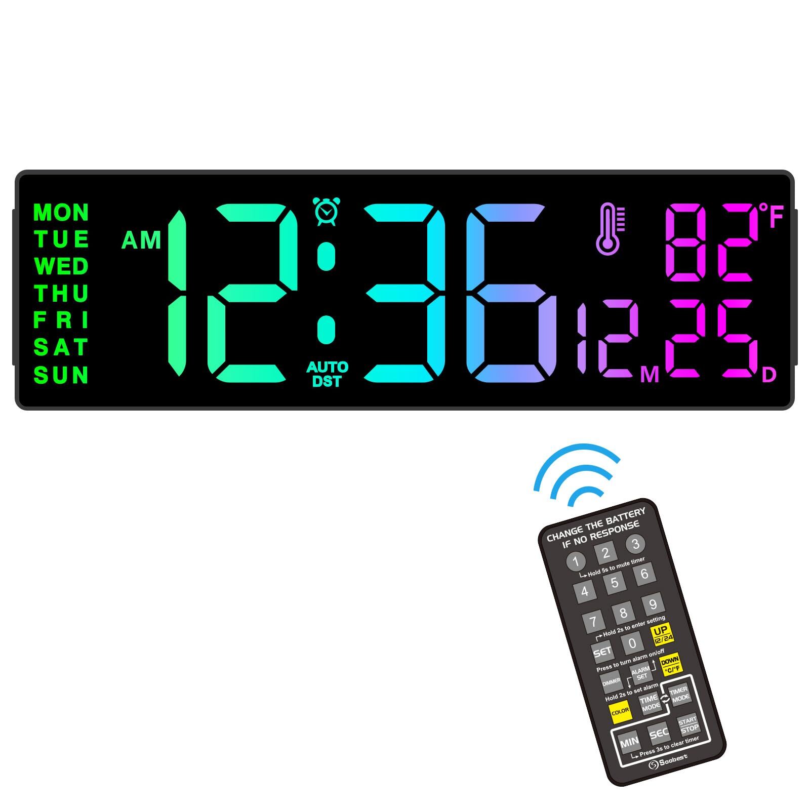 14.2" Large Remote Digital Wall Clock with Timer for Living Room Home Gym, Pl...