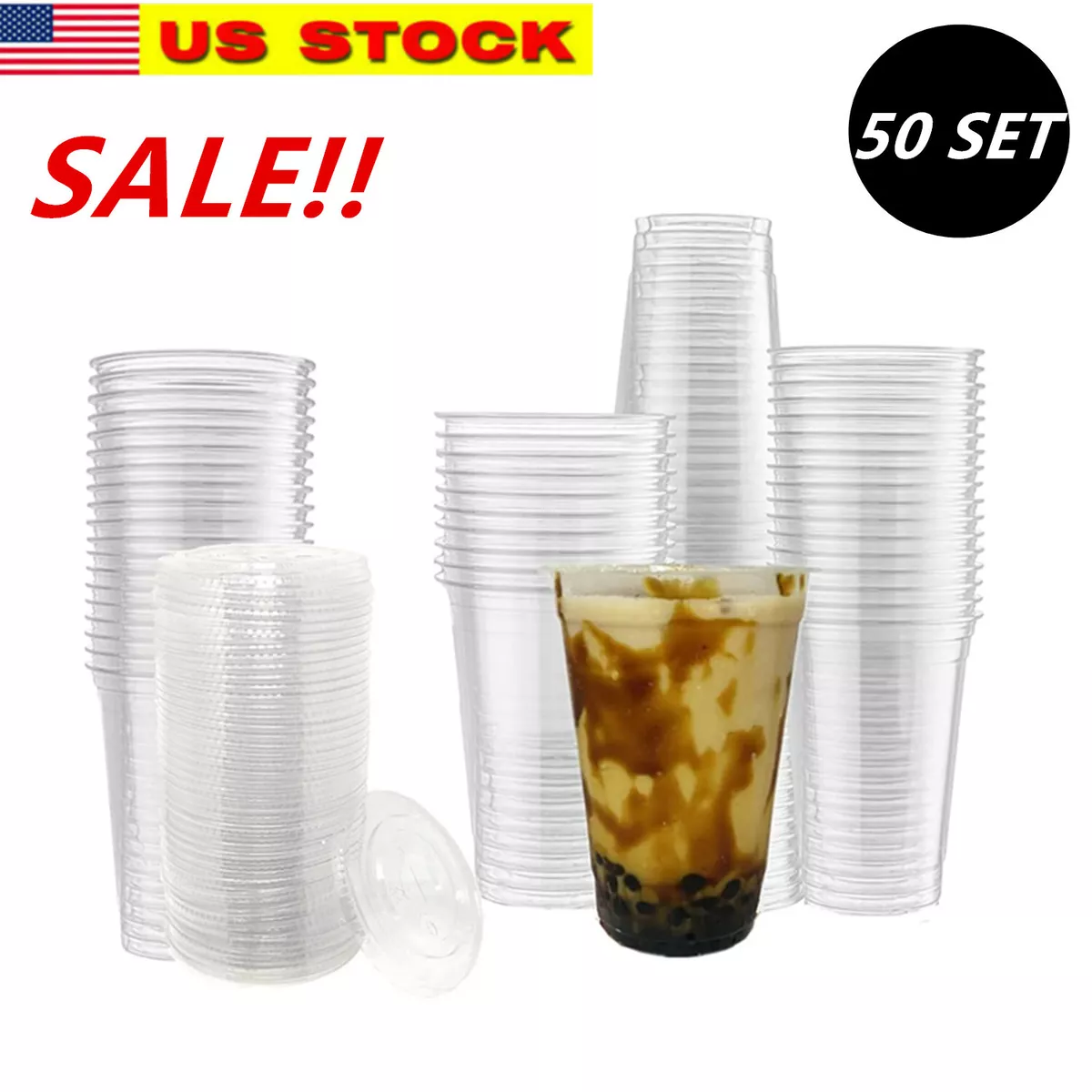 16oz Disposable Pet Clear Plastic Smoothie Cups Clear Flat Lids