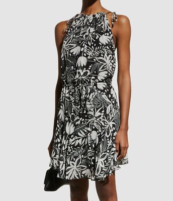 $396 Milly Women's Black Floral Gwin Halter Waist Tie A-Line Dress Size 2