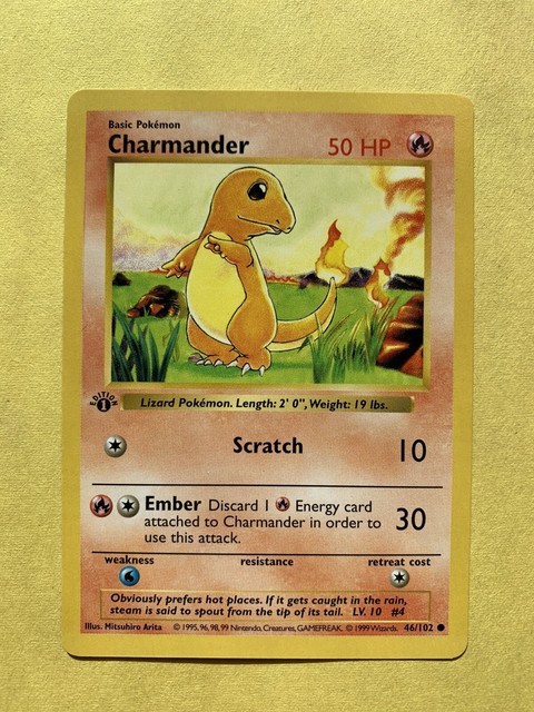 1st Edition Shadowless CHARMANDER - NM/M - 1999 Base Set WOTC Pokemon