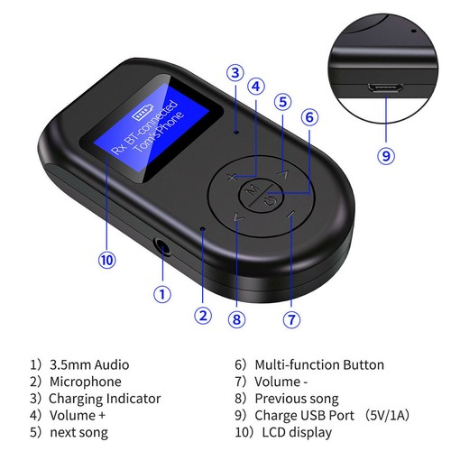 3 in1 Hands-Free Bluetooth 5.0 Transmitter Receiver Wireless Audio 3.5mm Adapter - Afbeelding 12 van 12