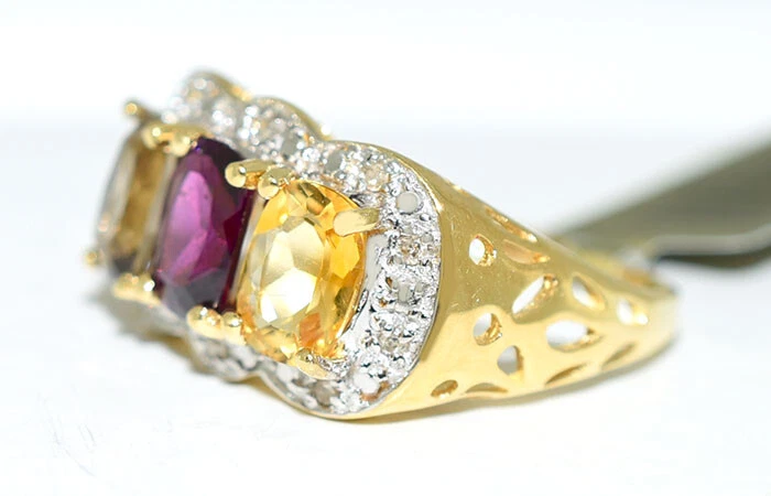 ANILLO TOPACIO AMARILLO GENUINO, AMATISTA, TOPACIO AHUMADO Y DIAMANTES ORO 10K * NUEVO CON ETIQUETAS * Foto 2 de 4