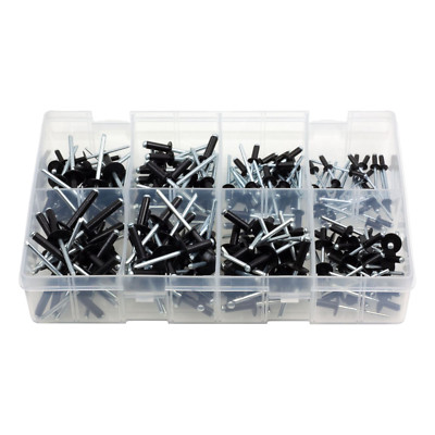 200 Stück verschiedene Schachteln schwarze Aluminium Popnieten 8 Größen (beliebteste)