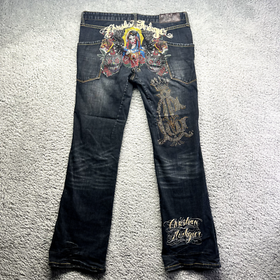 Christian Audigier Jeans Embroidered Ave Maria Mary Y2K Tattoo