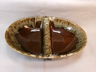 Vintage Canonsburg Pottery Stoneware Brown Drip Glaze Oval Divided Serving Bowl