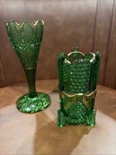 Antique Us Glass Co Emerald Green Gold Guild Toothbrush And Cup Set Eapg