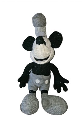 DISNEY PARKS PLUSH STEAMBOAT WILLIE MICKEY MOUSE, 18 IN., BLACK GRAY WHITE KNIT
