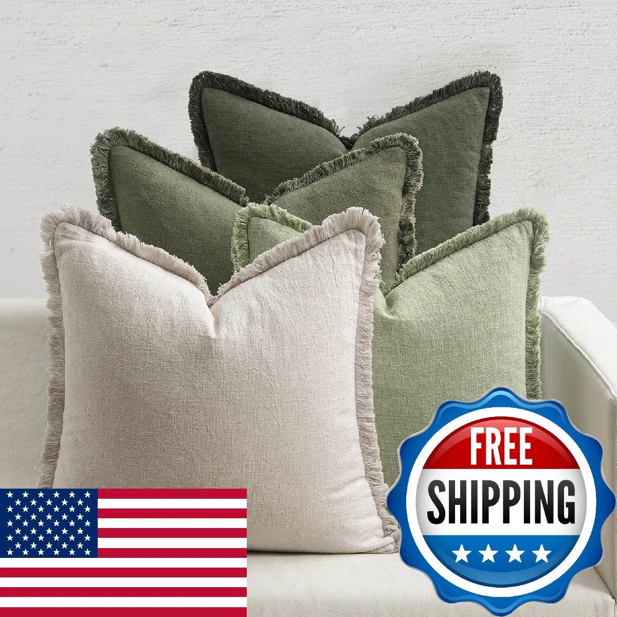 MIULEE Decorative Couch Pillow Covers Neutral Linen Fringe Throw Pillows Set of