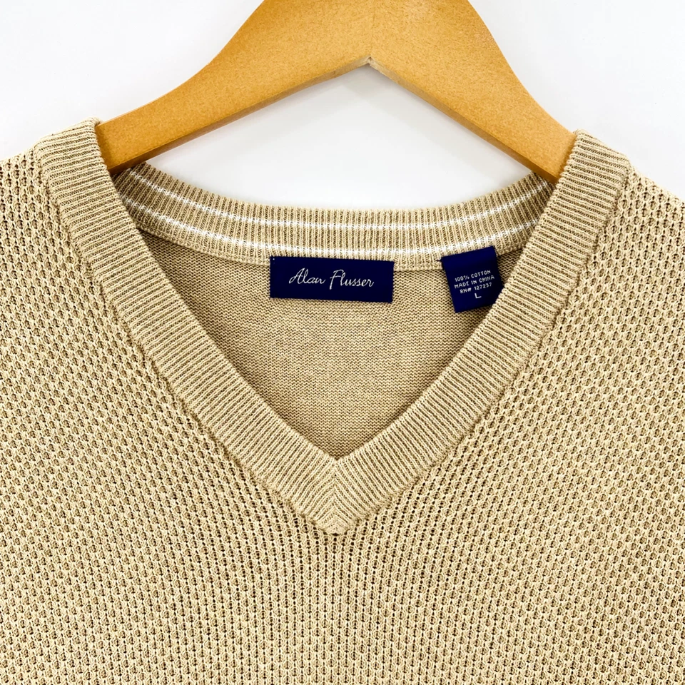 Alan Flusser Men’s Knit Vest Large Tan Sleeveless V-Neck Golf Sweater - Image 3 of 4