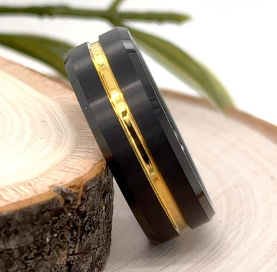 Women Ring For Christmas Gifts Brushed Gold Groove Domed Band 8mm Black Tungsten