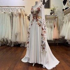 Long Bell Sleeves Boho V Neck Wedding Dress A Line Backless Brown Bridal Gown