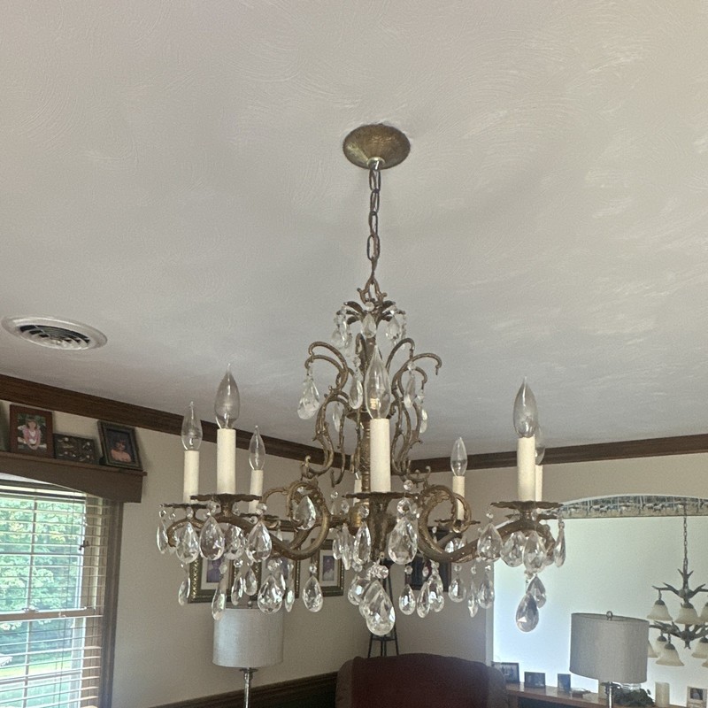 Antique Brass Crystal Prism Candle-Style Metal Chandelier, Hardwired 7-12 Light