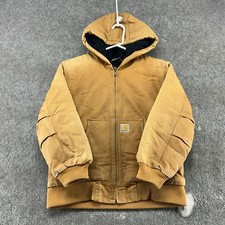 Carhartt Jacket Youth Boys M Brown Tan Hooded Quilted Lined Canvas Workwear