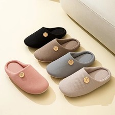 Women s Cotton Slippers Indoor House Slip On Flat Slides Soft Sole Button Casual