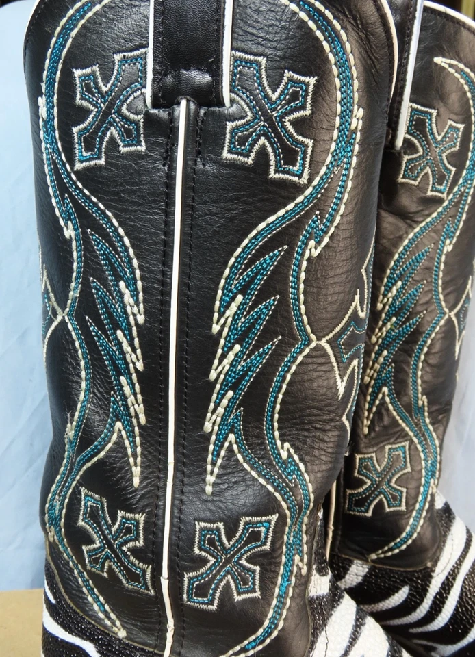 BOTAS NOCONA Negro/Blanco Rayas Tigre BOTAS VAQUERAS RAYAS Costuras Azules 6 B Foto 2 de 4