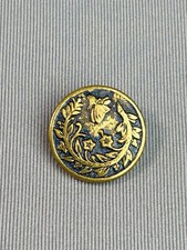 Antique Floral Metal Picture Button Flowers & Butterfly