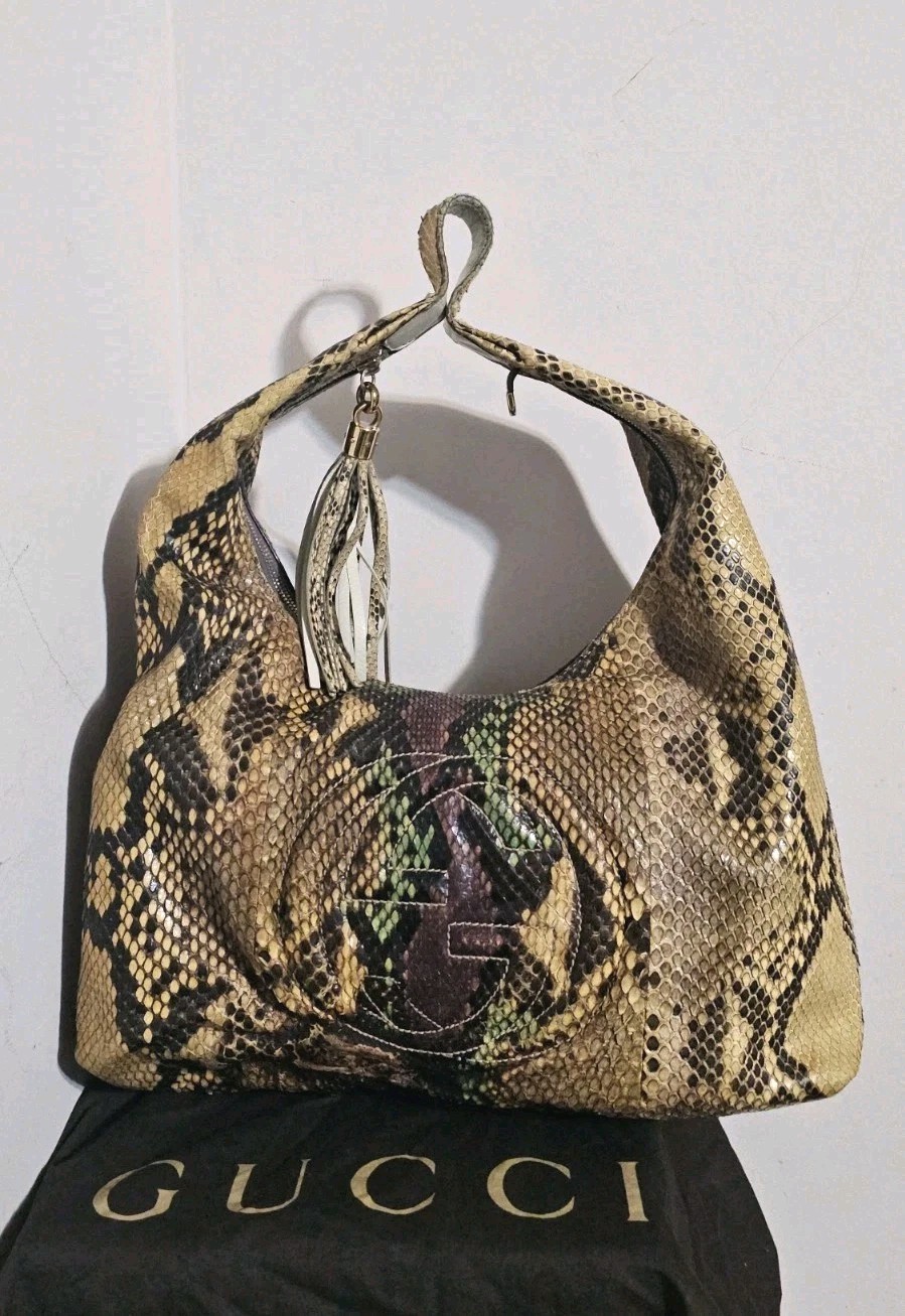 Borsa Gucci 100% Autentica Beige Multicolore Soho Hobo Pelle di Serpente Grande