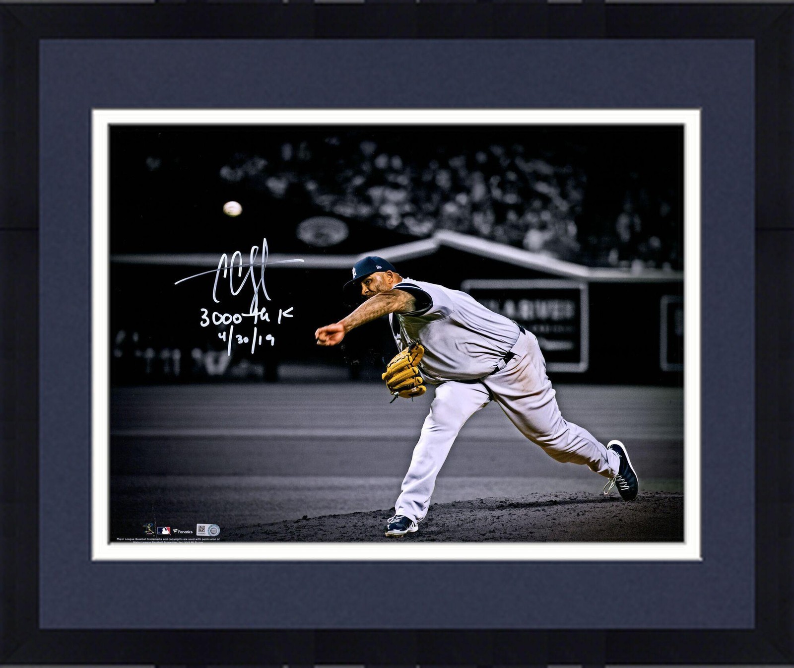 Framed CC Sabathia Yankees Signed 16x20 3000th Strikeout Photo w/3000th K Insc