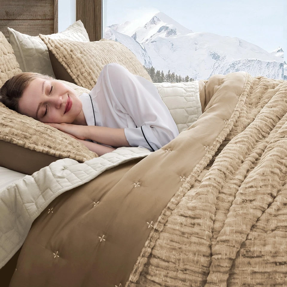 Juego de edredón de terciopelo tamaño queen, lujoso edredón ligero mullido de piel sintética... Foto 2 de 4