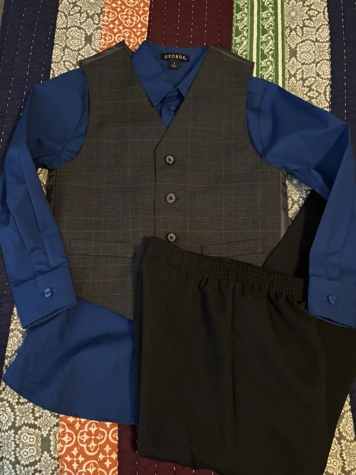 Traje de 3 piezas para niños talla 6 pantalones negros camisa azul chaleco gris Foto 2 de 4