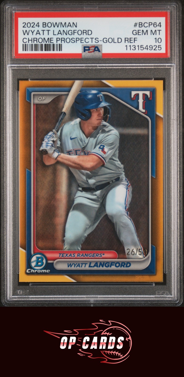 Wyatt Langford 2024 Bowman Chrome Prospects #BCP64 Gold Ref PSA 10 /50