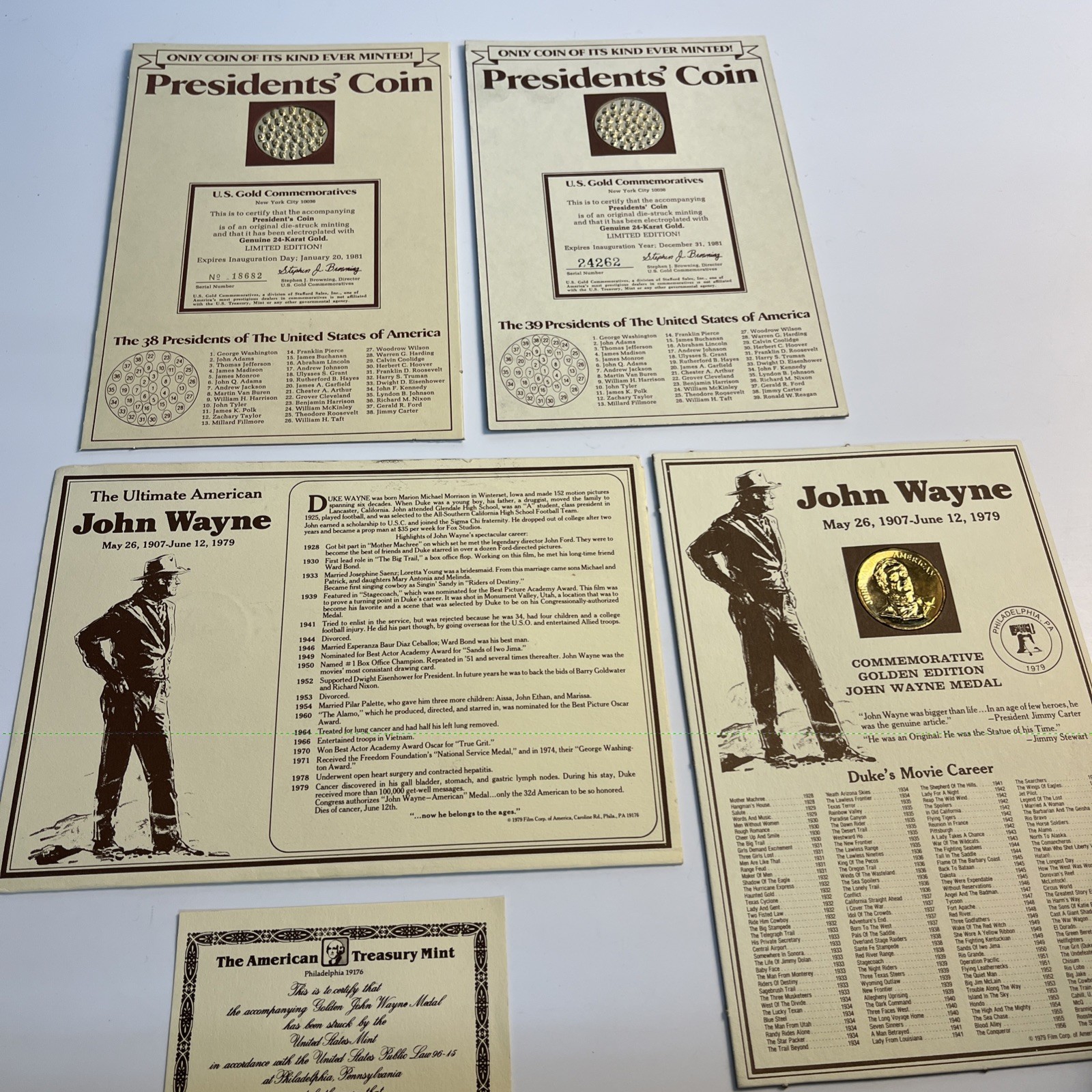 Vintage Presidents Coin Lot John Wayne 24K Gold Electroplated Medals