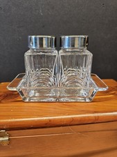 Vtg. Heavy Glass/ Crystal Clear Salt And Pepper Shakers W/Tray, Metal Tops