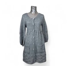 Cottagecore Gray Knit Babydoll Puff Sleeve Sweater Dress Medium Cozy Soft Grunge