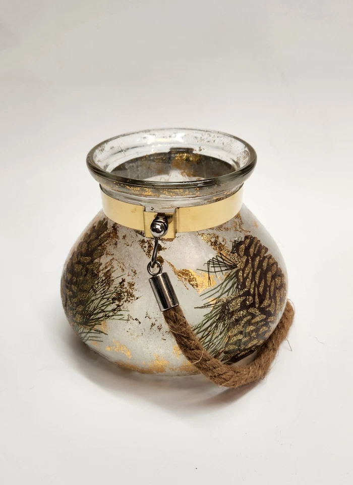 Castiçal/lanterna votiva pendurada em vidro ouro acento pinhas corda de Natal - Imagem 4 de 4