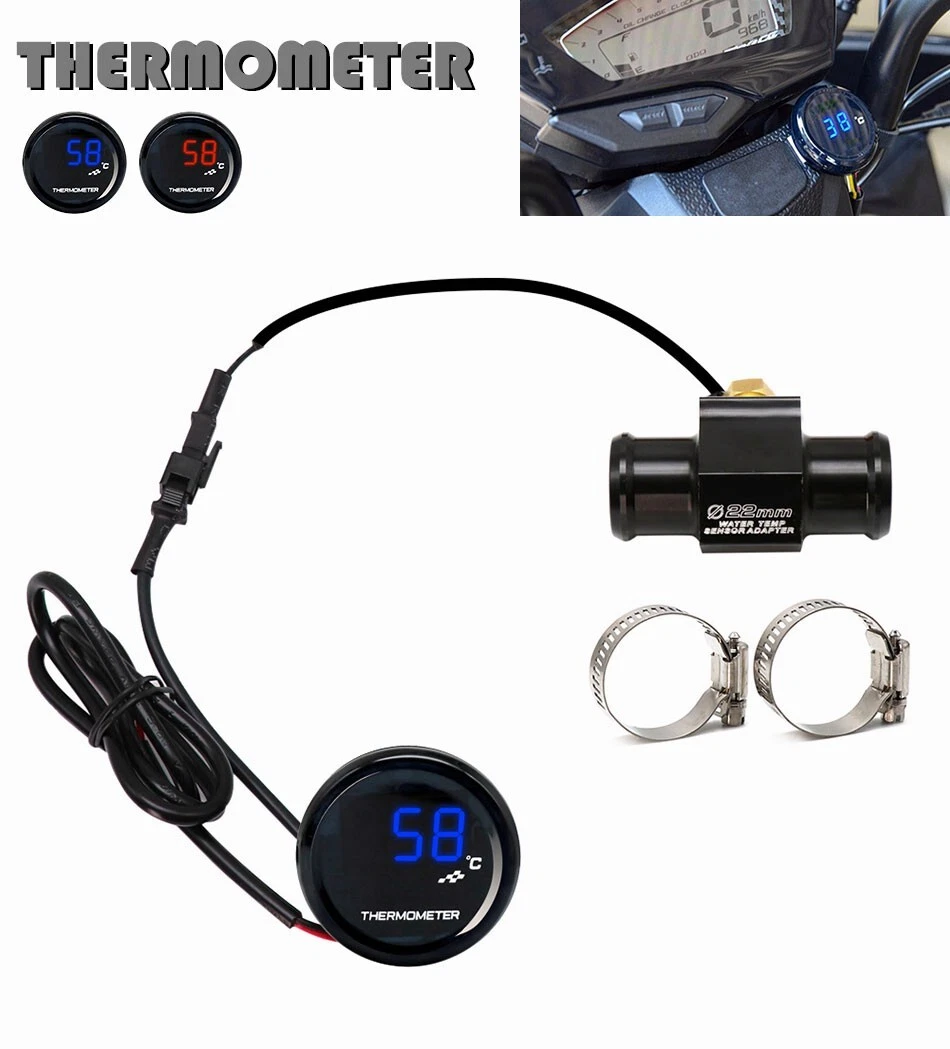 Medidor de temperatura del agua digital LED de 22 mm rojo/azul para motocicleta medidor automático