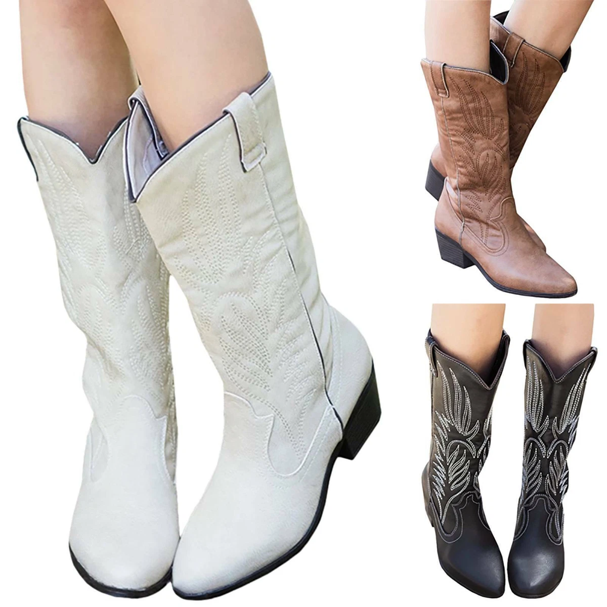 Vintage Women s Cowgirl Cowboy Boots Ladies Mid Wide Calf Western Shoes Size 4 8