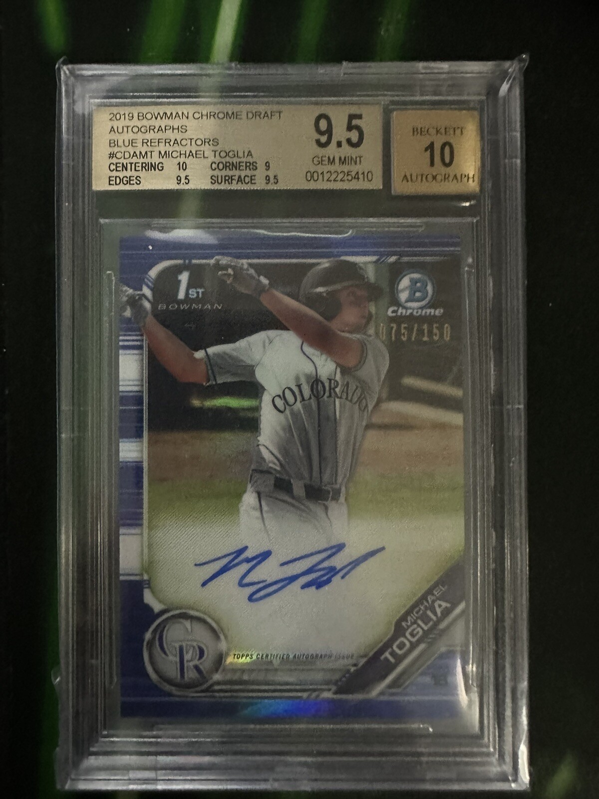 Michael Toglia 2019 Bowman Draft Chrome Blue Refractor /150 Auto BGS 9.5 Rockies