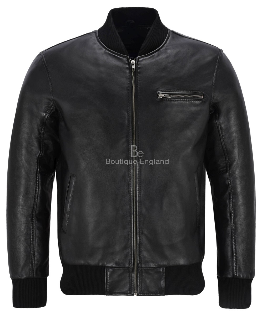 Men's 70'S Bomber Leather Jacket Black Street Inspired Retro Real