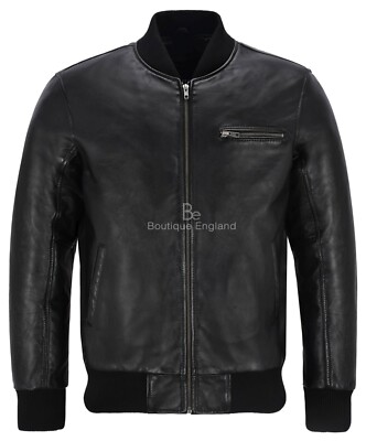 Men's 70'S Bomber Leather Jacket Black Street Inspired Retro Real Lambskin  275-Z UK