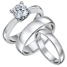 Titanium 2ct Engagement & His Hers Set Court Shaped 4&6mm Wedding Bands