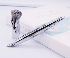 Fuliwen Fountain Pen Elephant Head on The Cap, Delicate Silver Signature Pen