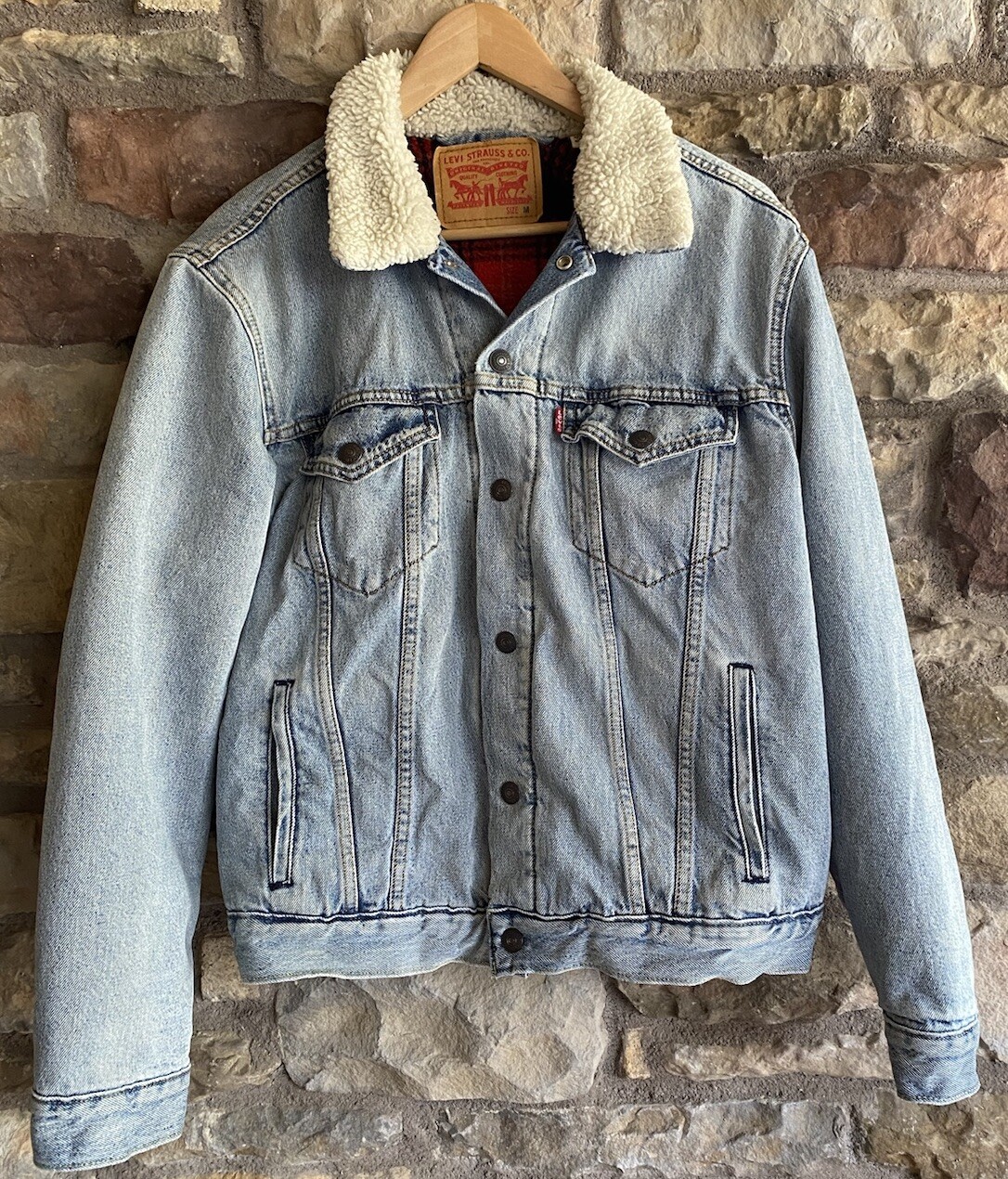 Mens Levi's Light Blue Denim Jean Trucker Jacket Fur Sherpa Lined