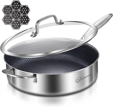 Tri-Ply Hybrid Stainless Steel 6 Quart Deep Saute Pan, Frying Pan with Lid in Ho