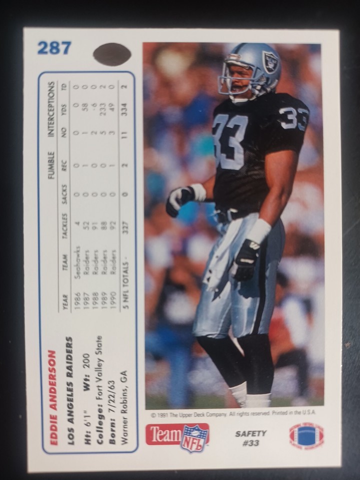 1991 UPPER DECK 287 LOS ANGELES RAIDERS EDDIE ANDERSON [5] NM/MT 05049