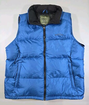 Eddie Bauer Puffer Vest Jacket Mens XL Blue Premium Goose Down Full Zip Packable
