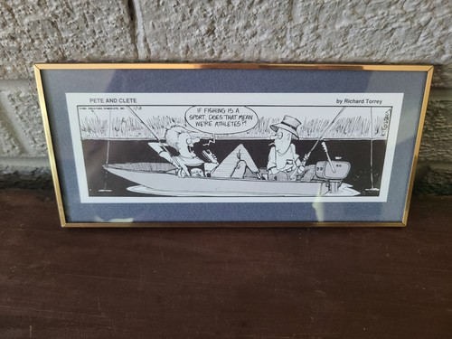 VTG Brass Framed Comic Strip Desk Art Pete & Clete Fishing Athlete Richard Terry